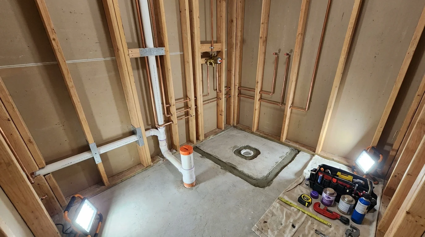 Bathroom rough-in plumbing during remodel by Johns Plumbing LLC in Crisfield