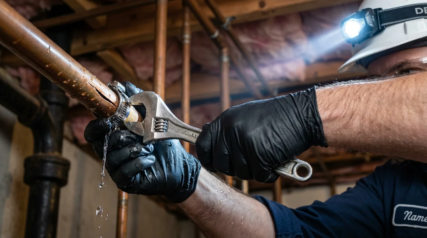 Emergency pipe clamp repair being performed by a Johns Plumbing LLC plumber in Crisfield
