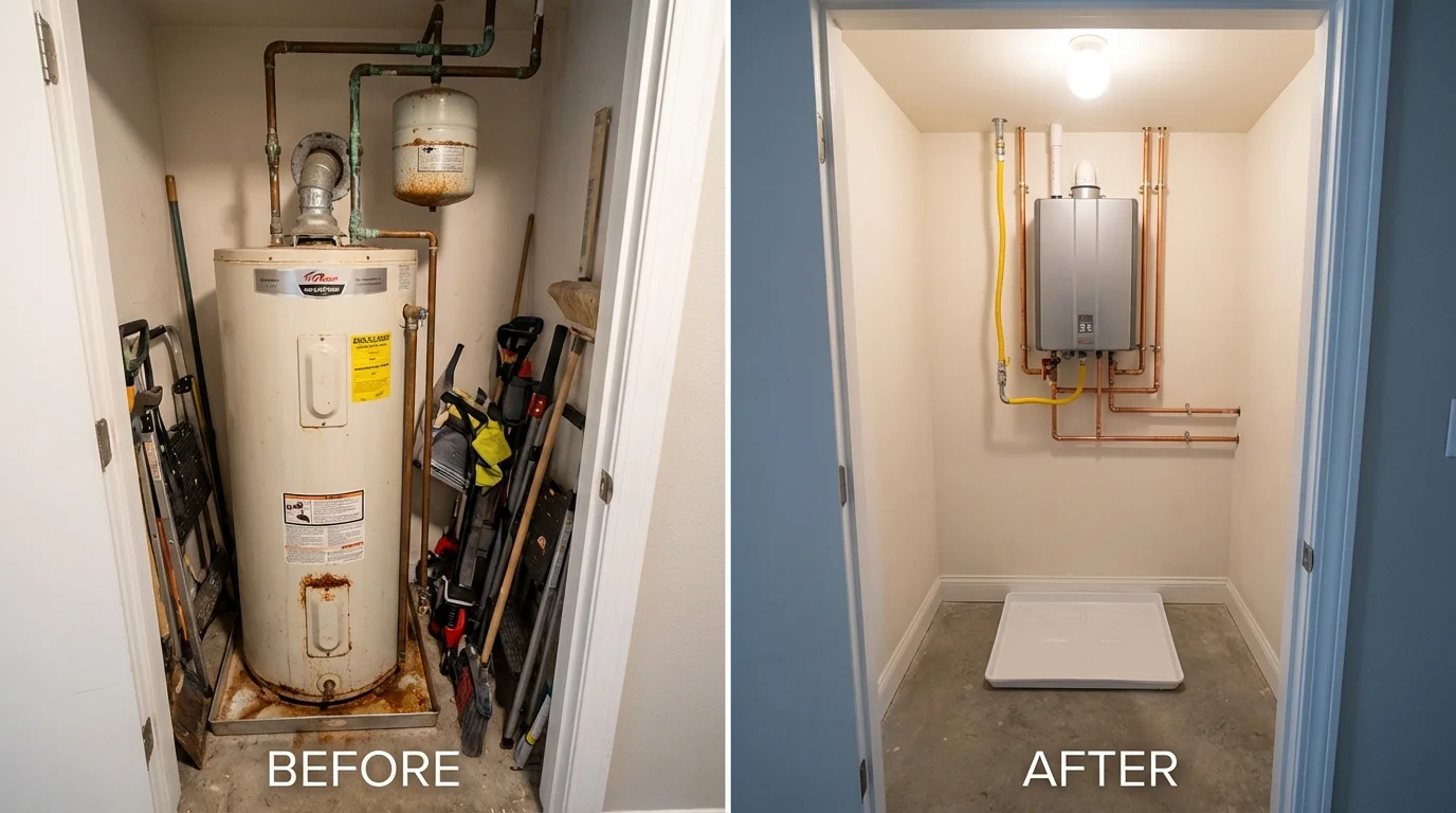 Tank water heater versus wall-mounted tankless unit comparison for Crisfield, MD homeowners