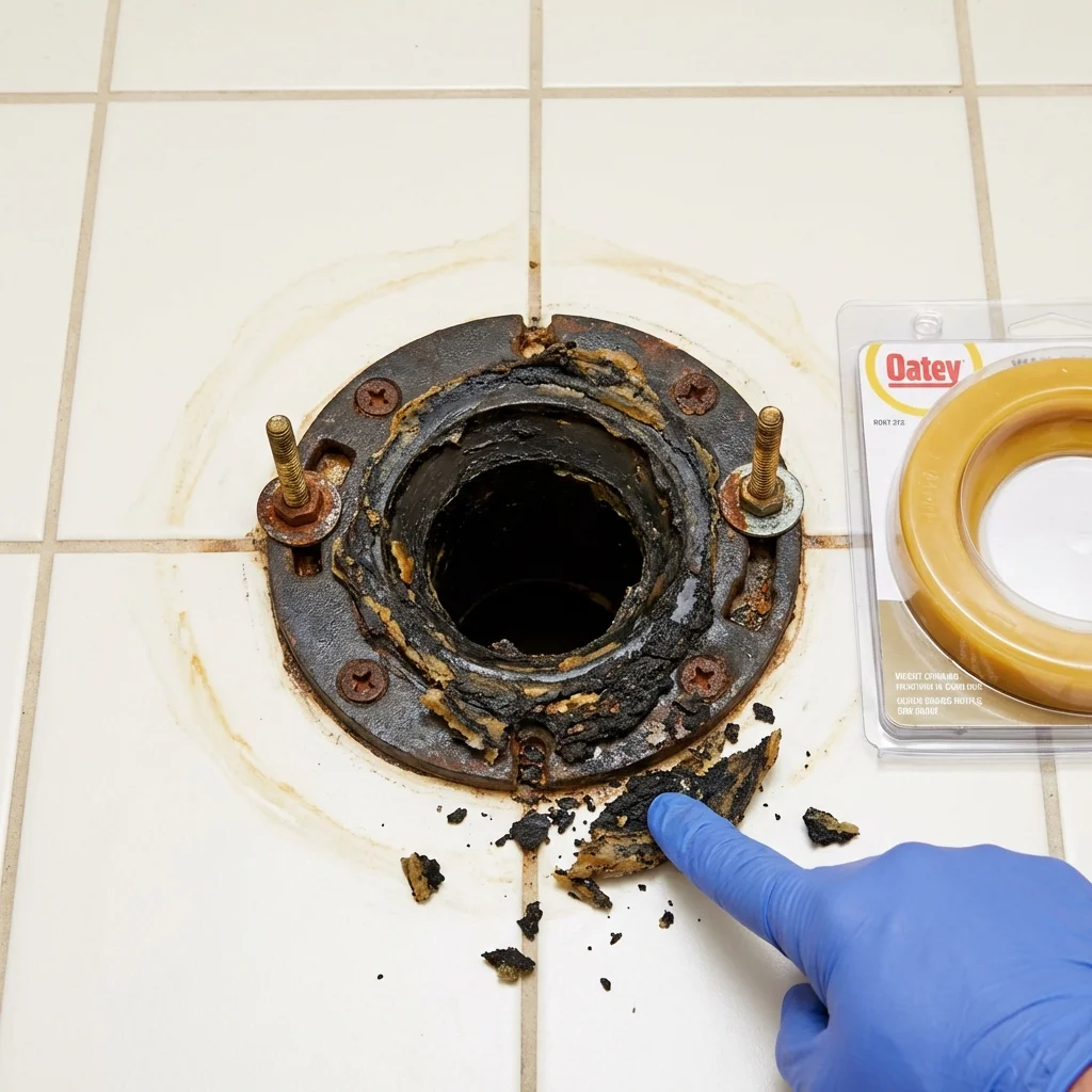 Failed wax ring showing water seepage at the base of a toilet in a Crisfield, MD home