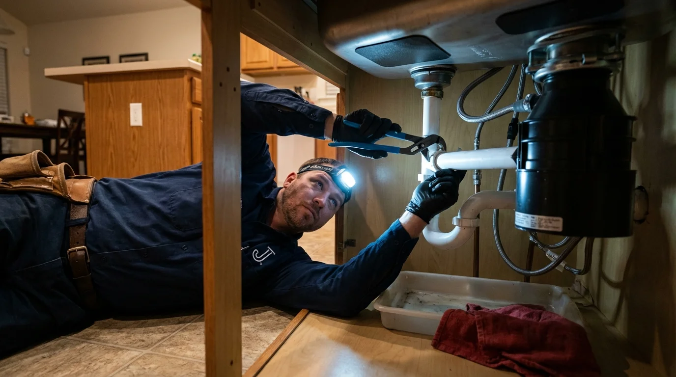 P-trap and supply line connections under a kitchen sink showing a common leak point in Crisfield, MD